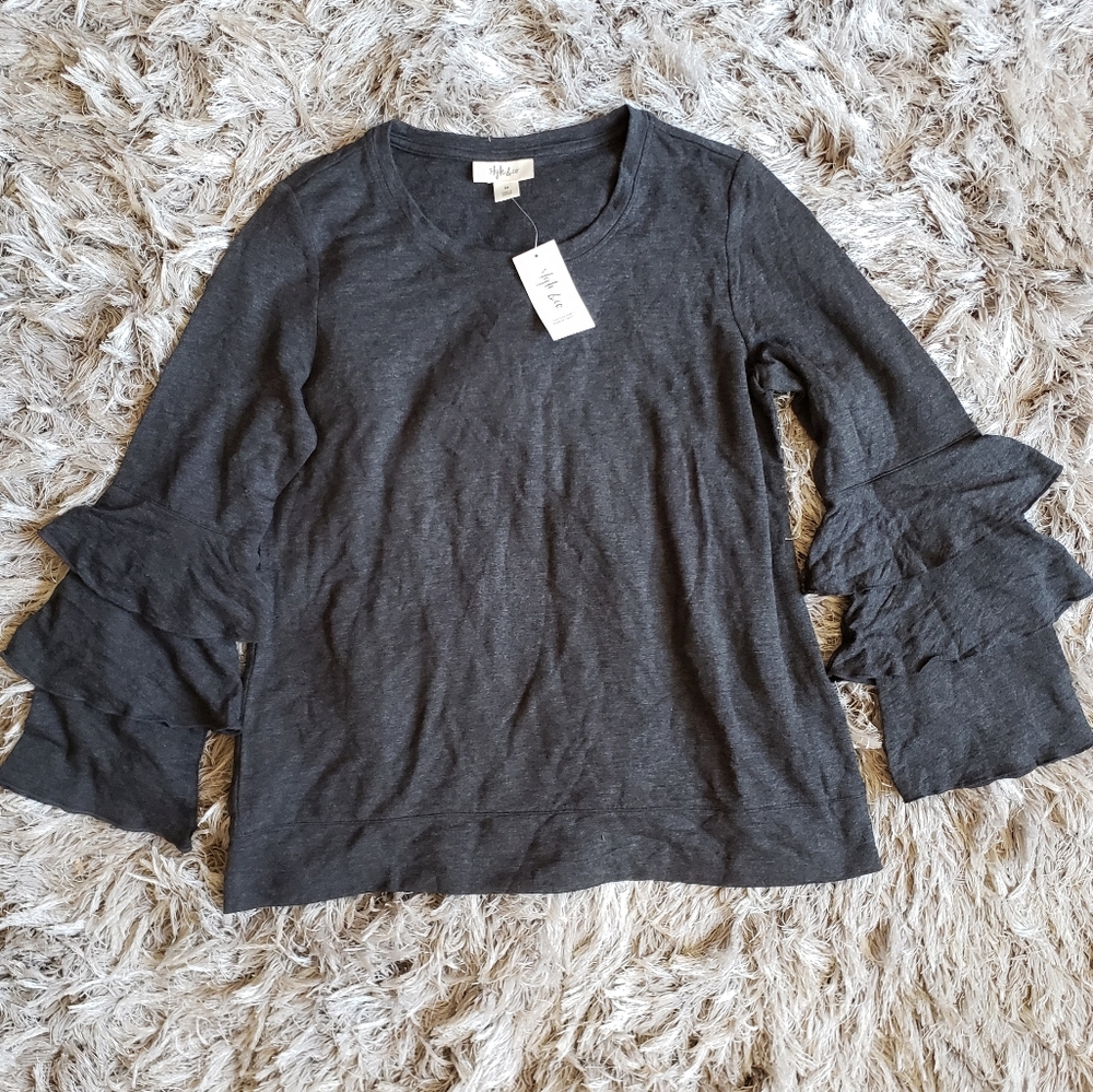 Style & Co Heathered Black Layered Bell Sleeve Top